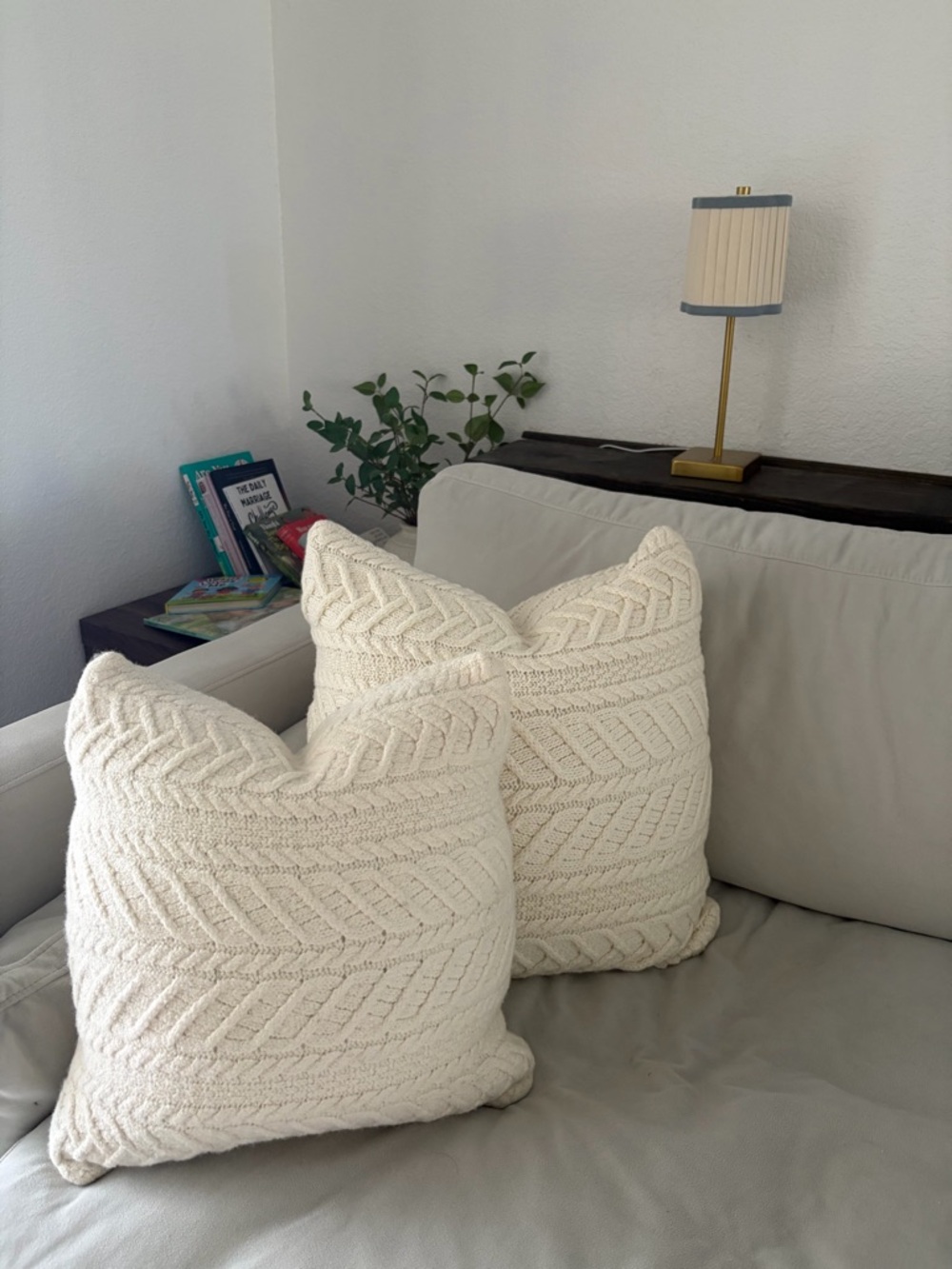 2 Pc 100% Merino Wool Cream Knit Cable Throw Pillow Covers from Ireland